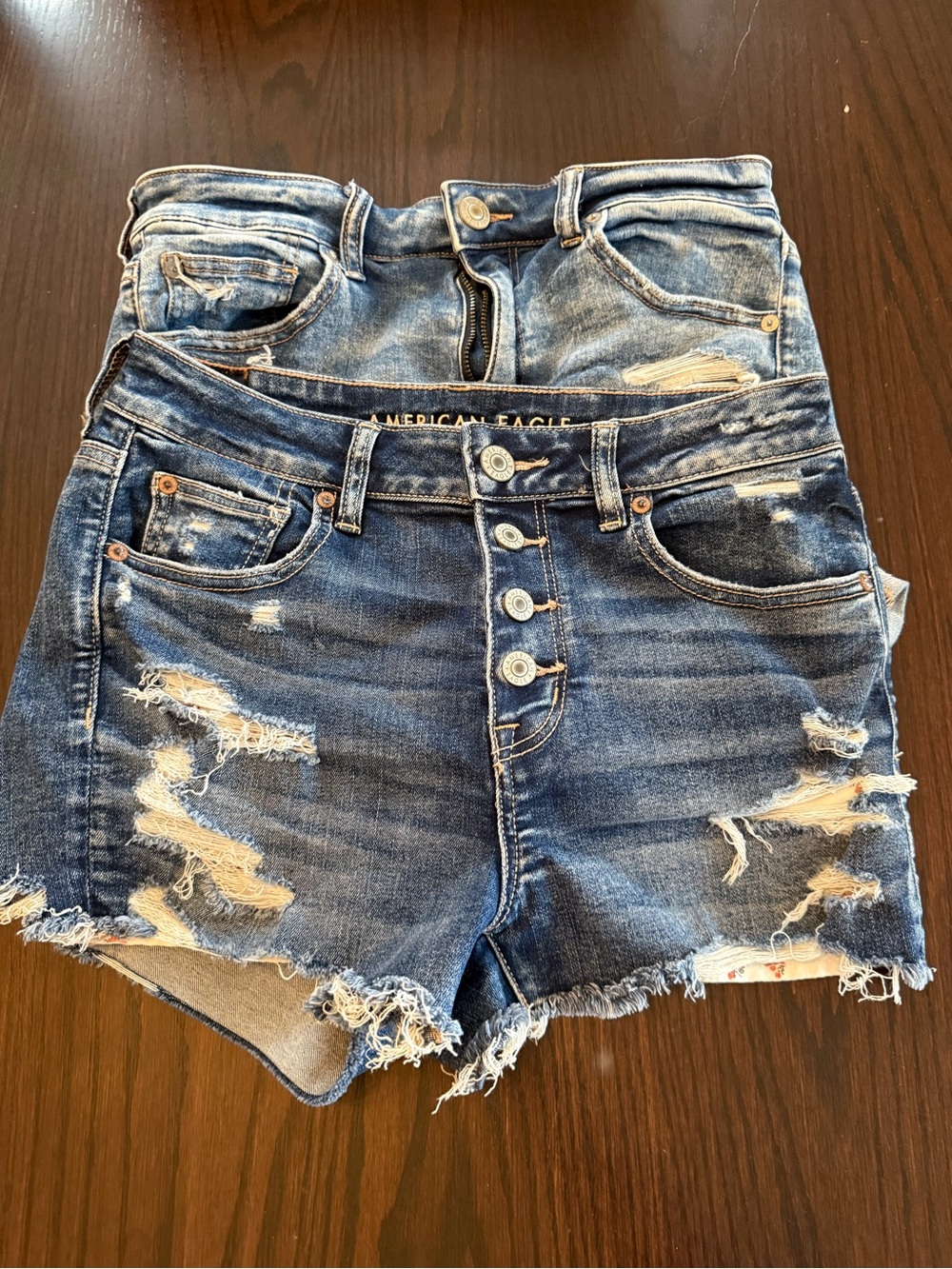 Lot of 2 American Eagle Hi-Rise Shortie Shorts Distressed Sz 10 Button Fly + Zip